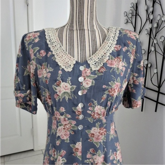 Rare Vintage Y2K Betsey Lauren Floral Cottage Victorian Midi Lace Collar Dress - Picture 5 of 8
